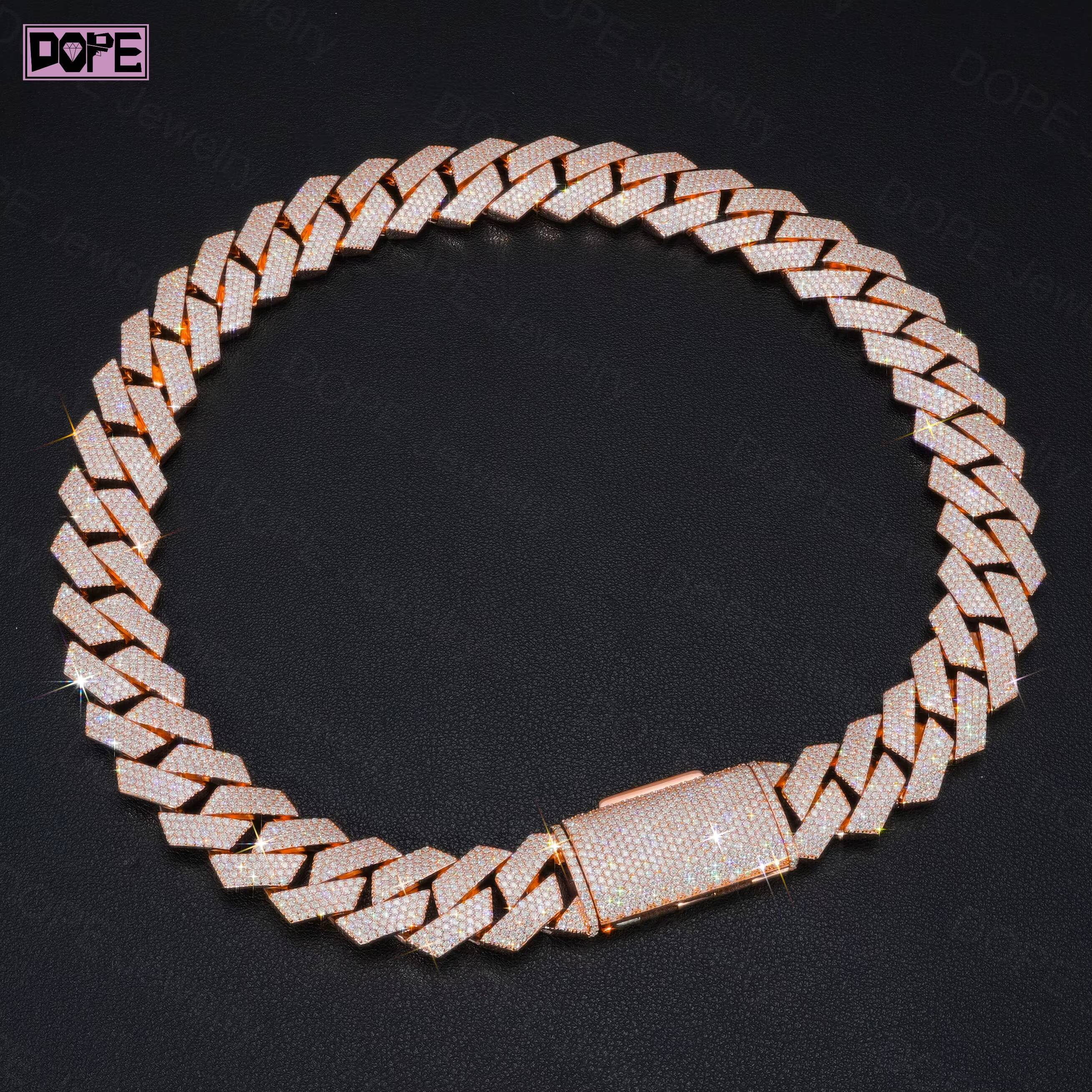 Hip Hop 20mm Cuban Link Chain 925 Silver Shape Edge Bust Down Rose Gold Plated Moissanite Cuban Chain
