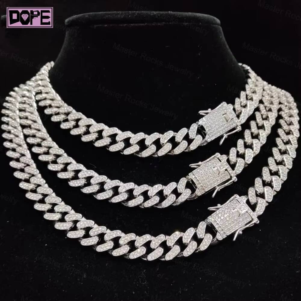 Customized Trend 2 Rows Moissanite Cuban Chain Necklace Miami 925 Silver 12mm 14mm Gold Plated Moissanite Cuban Link Chain