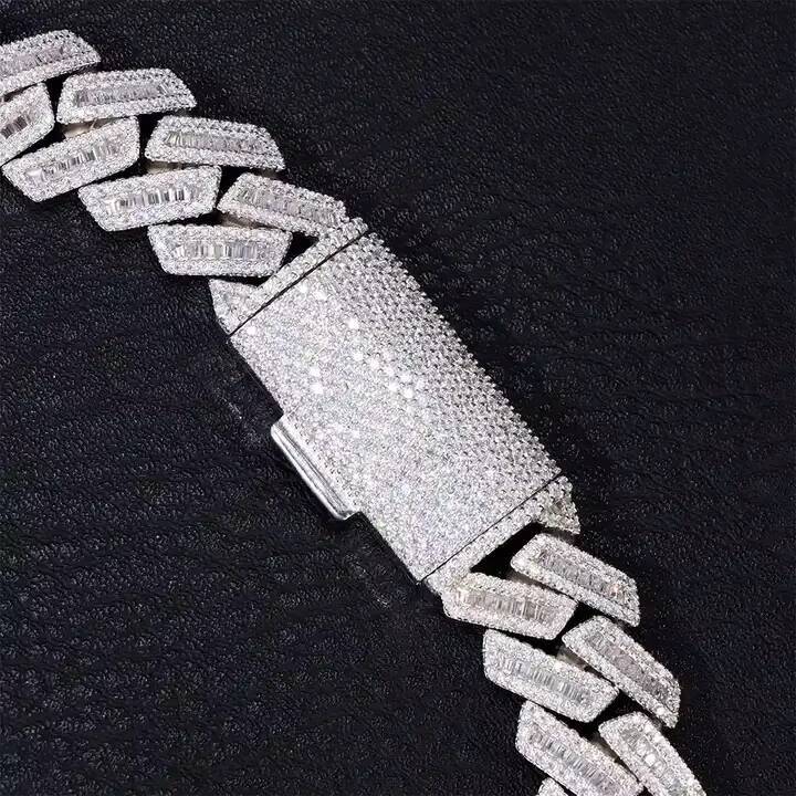 Hiphop 18mm Mossanite Chain 925 Silver Iced Out Rhodium Plated Baguette VVS Moissanite Cuban Link Chain