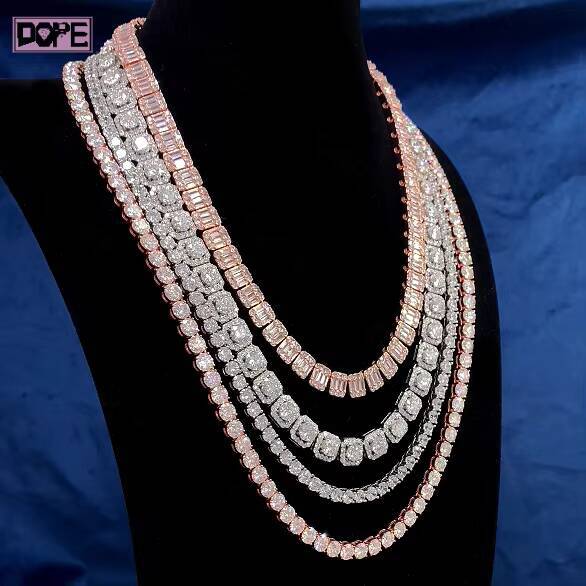 Hiphop 9mm Tennis Chain Baguette Iced Out Sugar Chain 925 Sterling Silver VVS Moissanite Tennis Chain