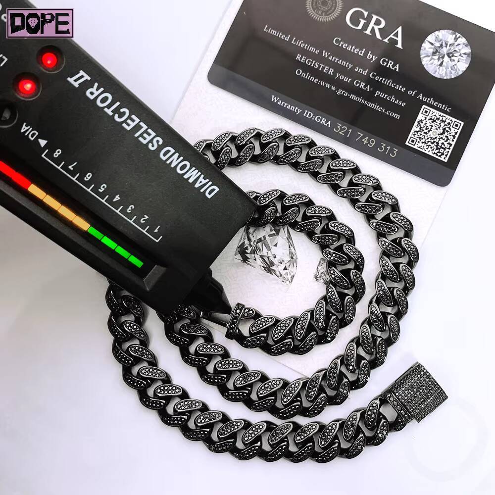 8mm VVS Moissanite Hiphop Iced Out Cuban Link Chain 925 Sterling Silver Black Moissanite Cuban Chain