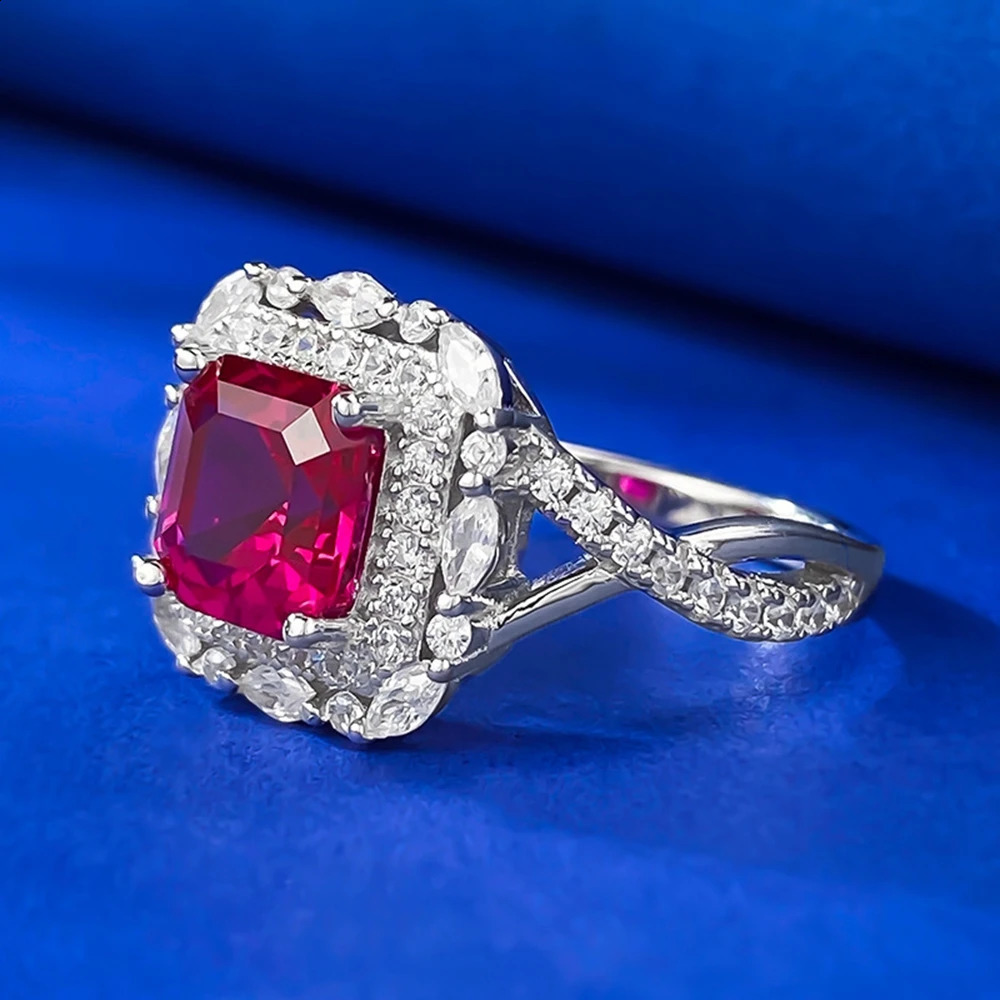 Wong Rain Vintage 100 925 Sterling Silver Asscher Cut 77MM Ruby High Carbon Diamond Gemstone Ring for Women Engagement Jewelry 250920