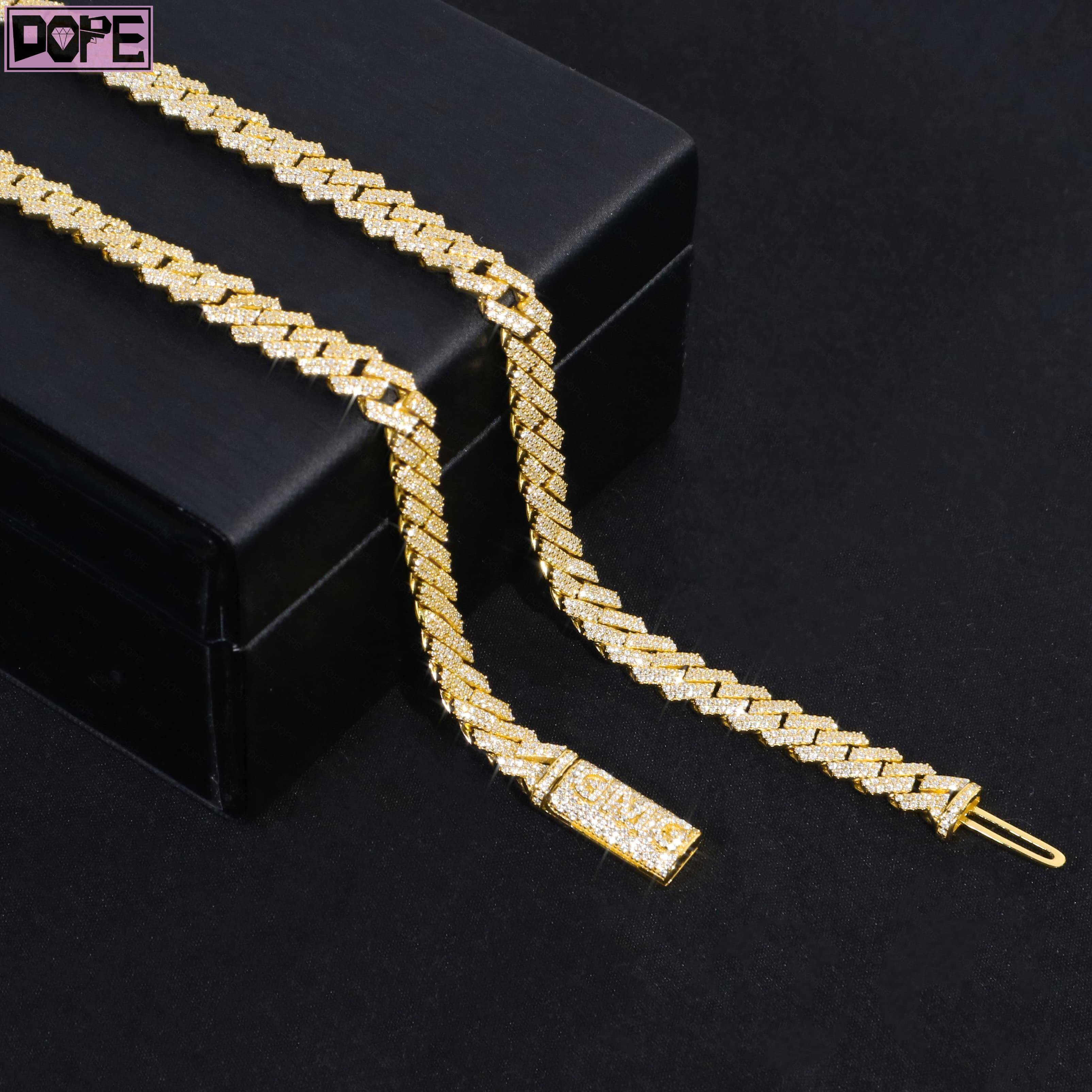 VVS Iced Out Hiphop 10mm 2Rows Cuban Link Chain 925 Sterling Silver Gold Plated Bling Moissanite Cuban Chain
