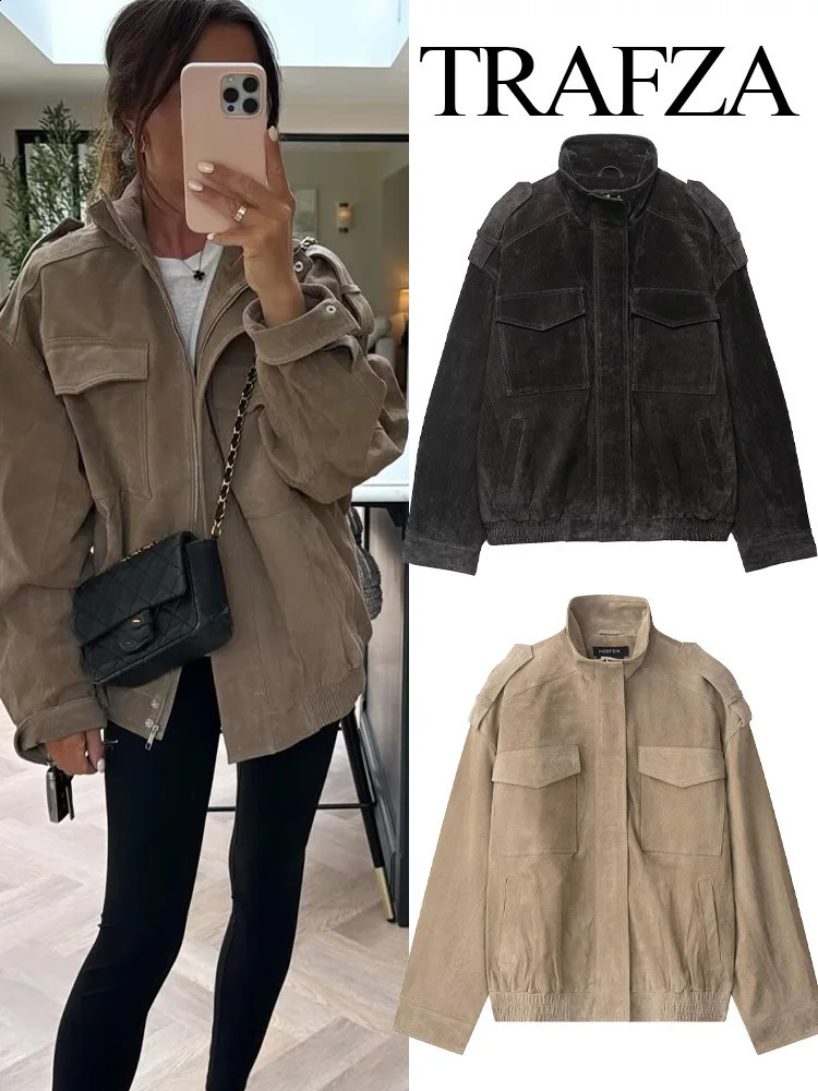 TRAFZA Women Autumn High Street Solid Coats Turtleneck Pocket Decoration Zipper Womens Fashion Long Sleeves Jackets 2025 250920