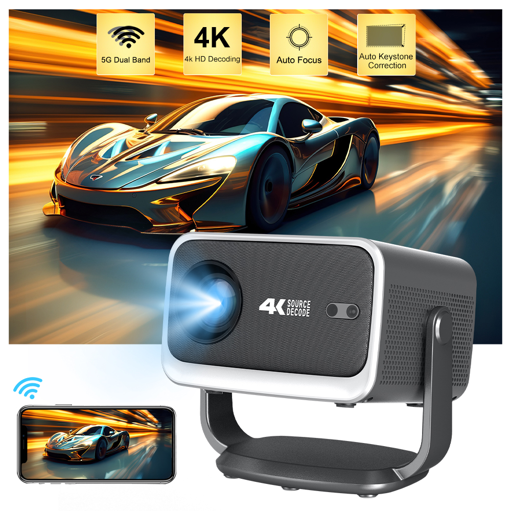 Smart Projector 4K with WiFi 6 and Bluetooth 5.4 AI Auto Focus Auto keystone and Zoom Native 1080P Home Theater Projector 360° Rotation Indoor and Out