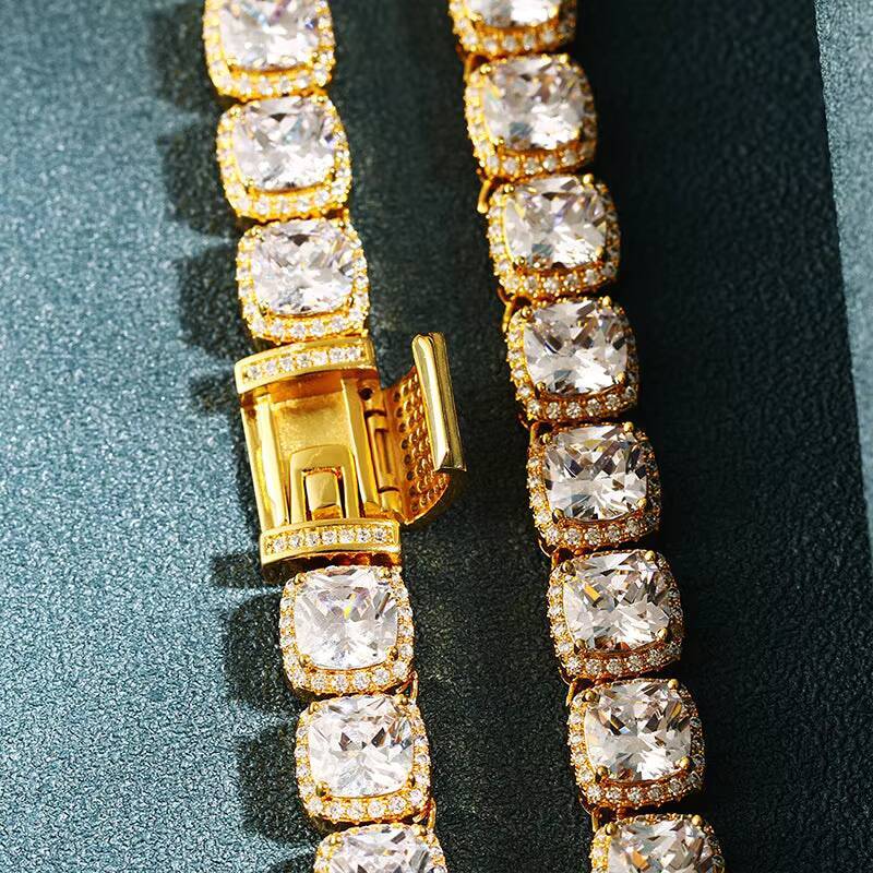 New Design 11MM Square S925 Sterling Silver 2 Rows Moissanite Iced Out Cuban Link Chain