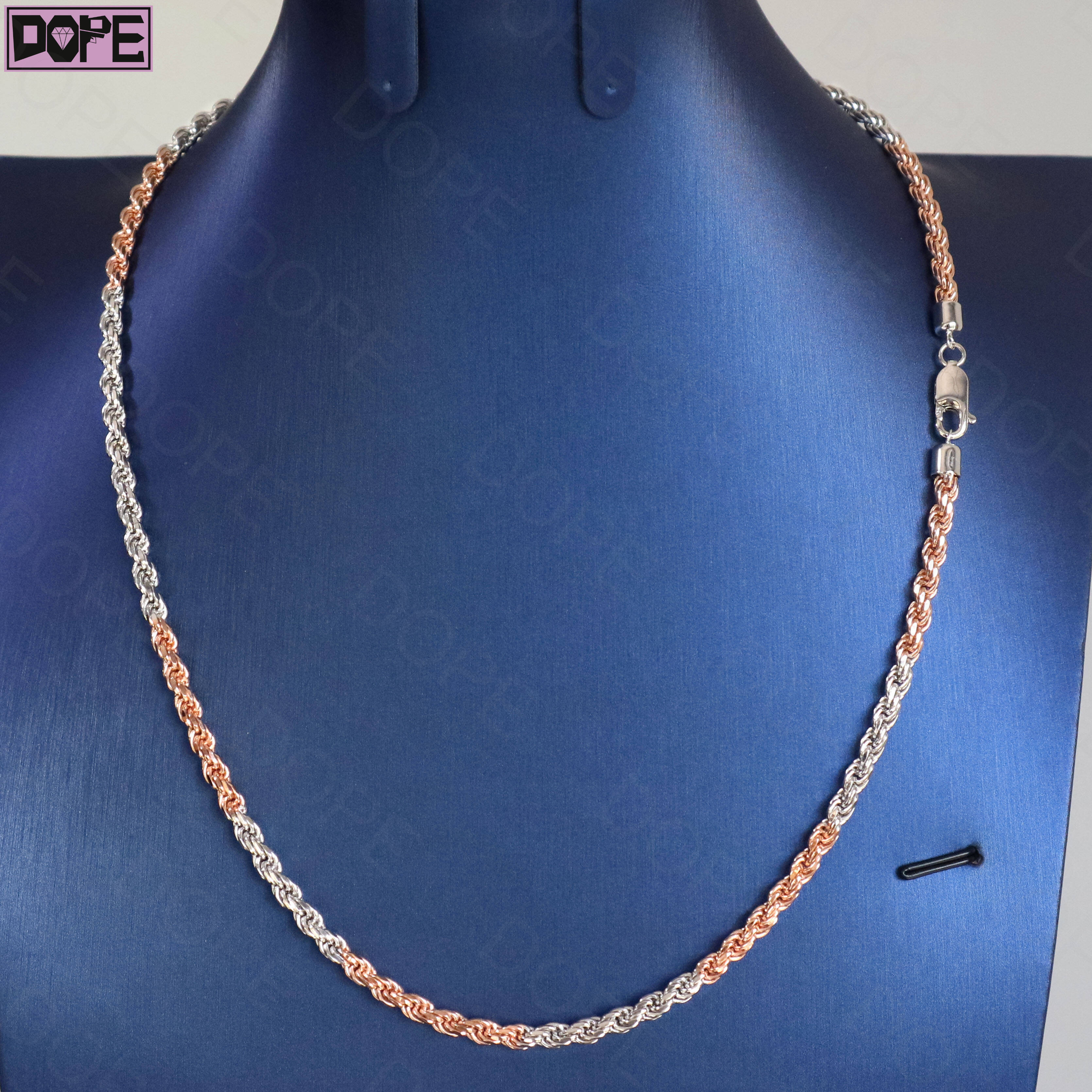 Hot Selling Two Tone 925 Silver Chain 4mm 20 Inch Rose Gold Plated Braided Twisted Chain Hip Hop Rope Chains