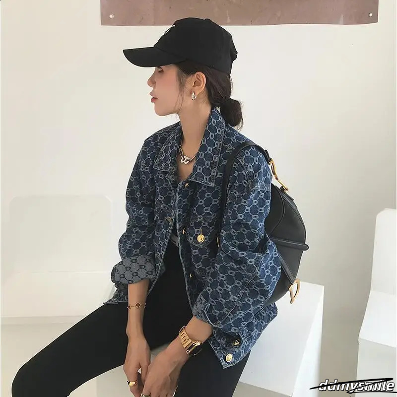 Women Vintage Loose Long Sleeve Print Cotton Jean Jackets Spring Fall Female Casual Blue Denim Jacket Coats Streetwear Outwear 240824