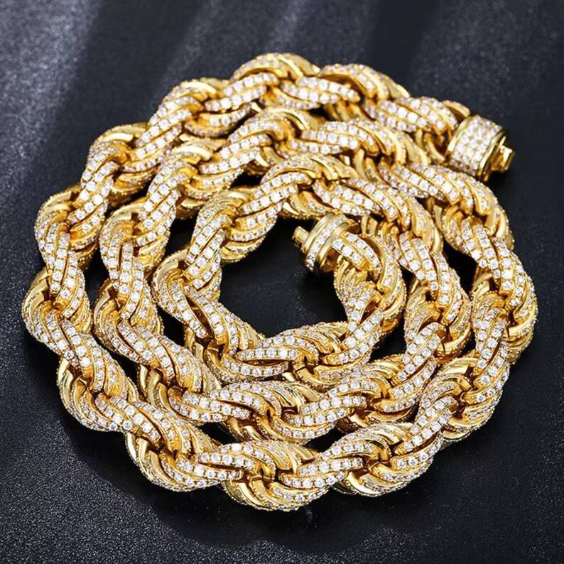 12MM Iced Out Hiphop Twist Rope Chain 925 Sterling Silver Pass Diamond Tester VVS Moissanite Rope Chain