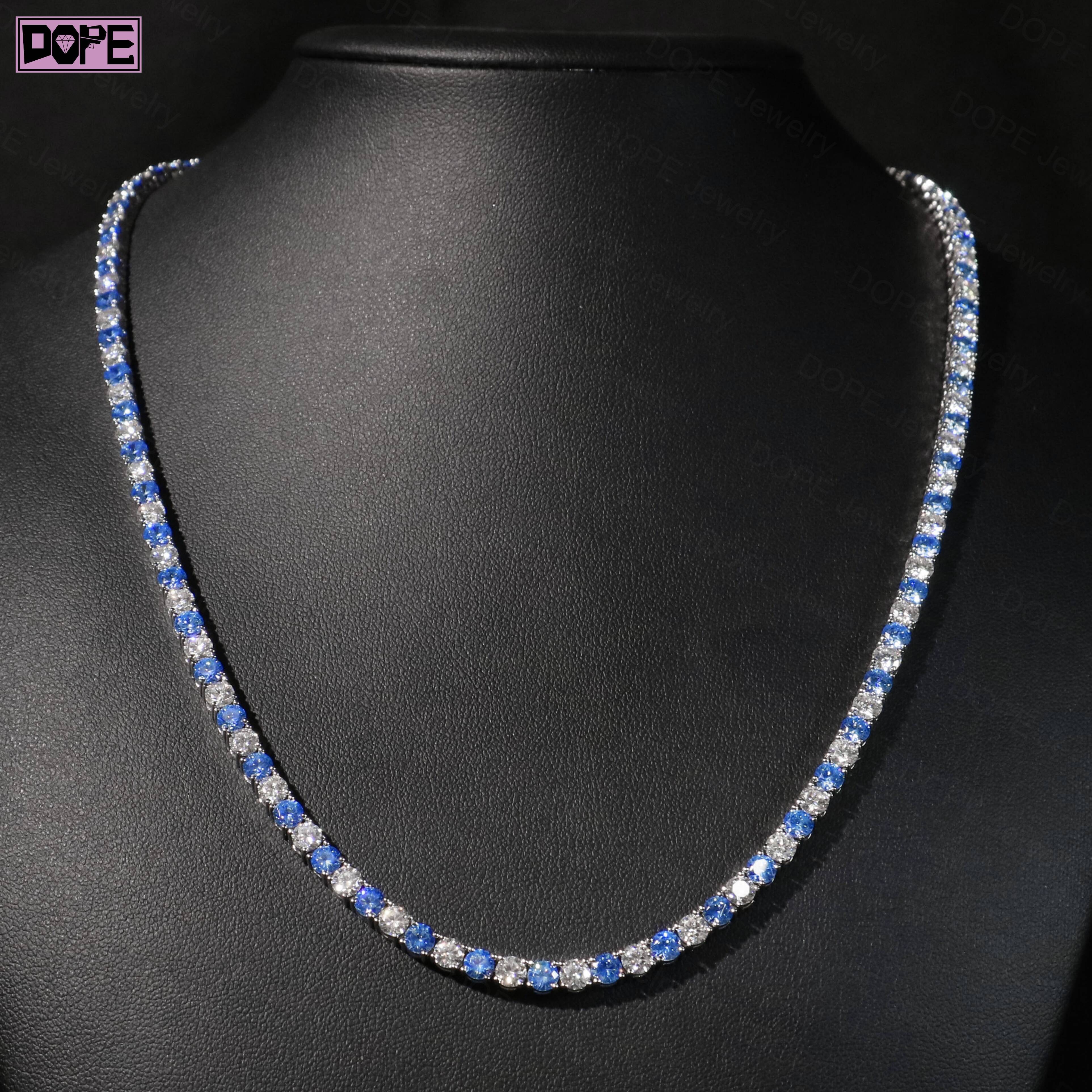 Iced Out 4mm Hiphop Tennis Chain Blue Moissanite 925 Sterling Silver Bling Moissanite Tennis Chain