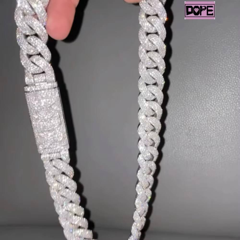 FaMoissaniteory 18MM Silver Cuban Link Chain Men White Gold Plated S925 D VVS Moissanite Cuban Link Chain