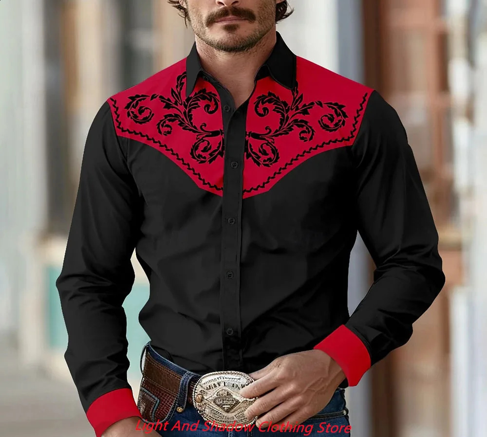 Mens Flower Pattern Western Printed Shirt Cowboy Shirt Long Sleeve Casual Collar Button Mens Clothing XS6XL 250920