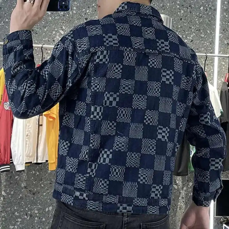 Blue Checkerboard Jacket For Men Fall Retro Trend Lapel Denim Jacket Ripped Button Jean Jacket Outfit Coat Men Streetwear Jacket 250920