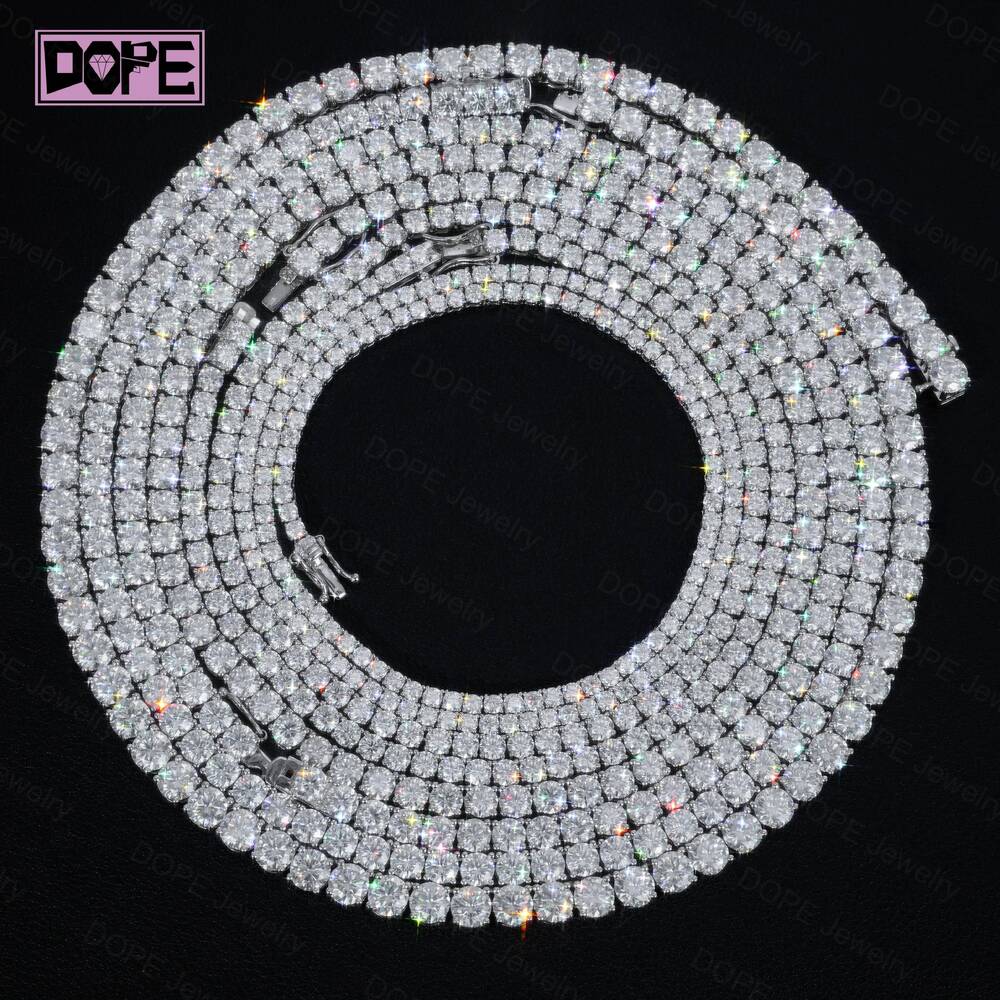 Bling Hiphop 4mm Moissanite Chain VVS Iced Out Necklace Women 925 Silver Moissanite Tennis Chain