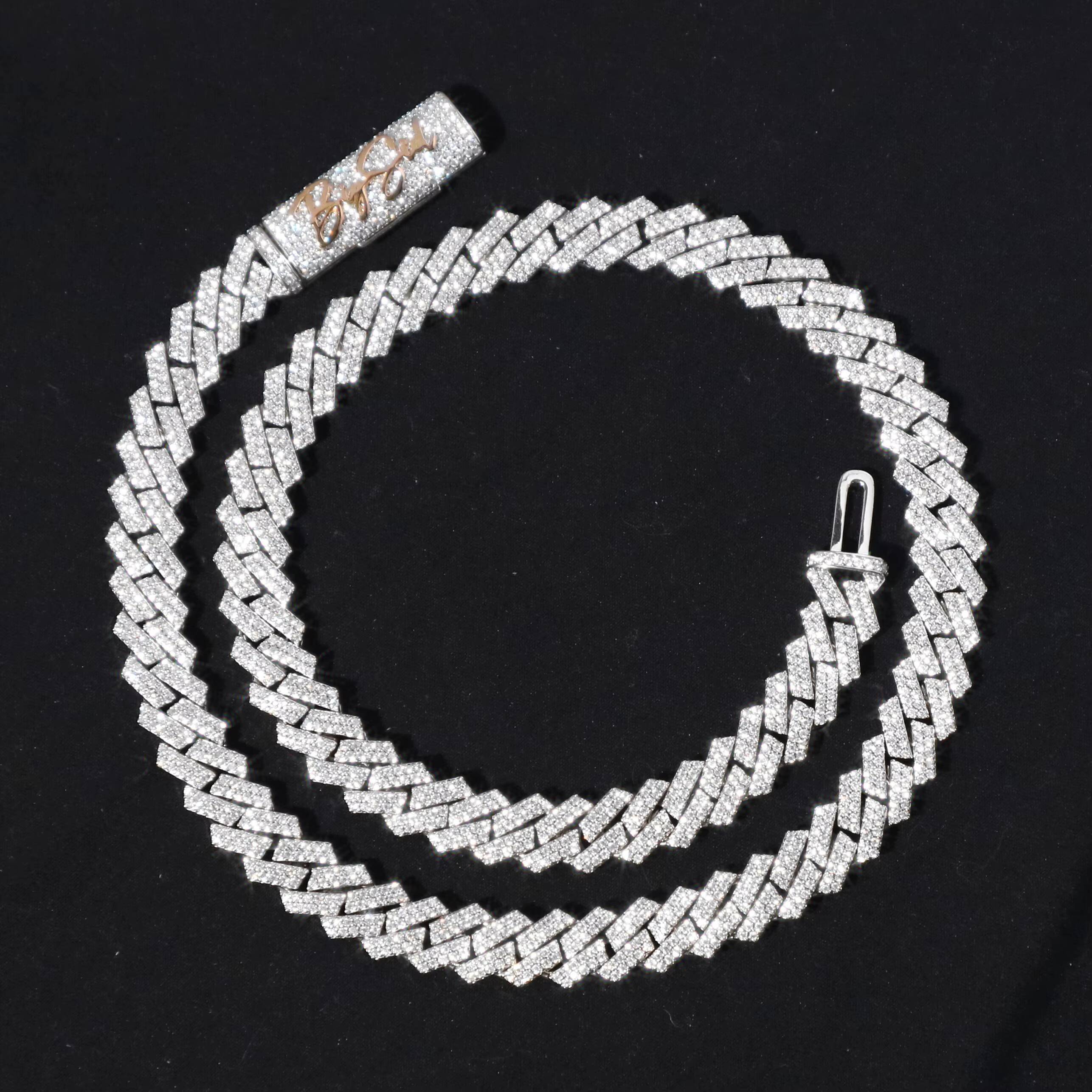 Rappers 12mm Cuban Link Chain 2 Rows Stunning Iced Out Men 925 Silver VVS Moissanite Cuban Chain