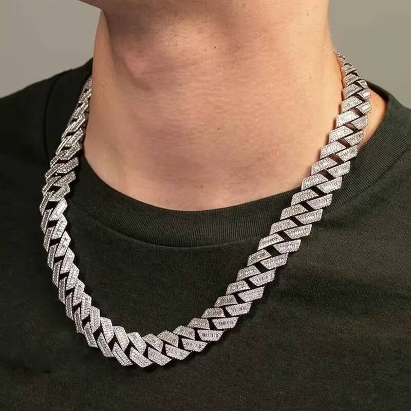 Hiphop 18mm Cuban Link Chain 925 Sterling Silver Baguette VVS Iced Out Moissanite Cuban Chain