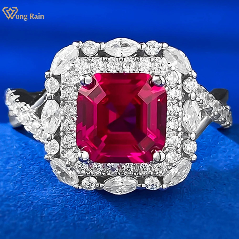 Wong Rain Vintage 100 925 Sterling Silver Asscher Cut 77MM Ruby High Carbon Diamond Gemstone Ring for Women Engagement Jewelry 250920