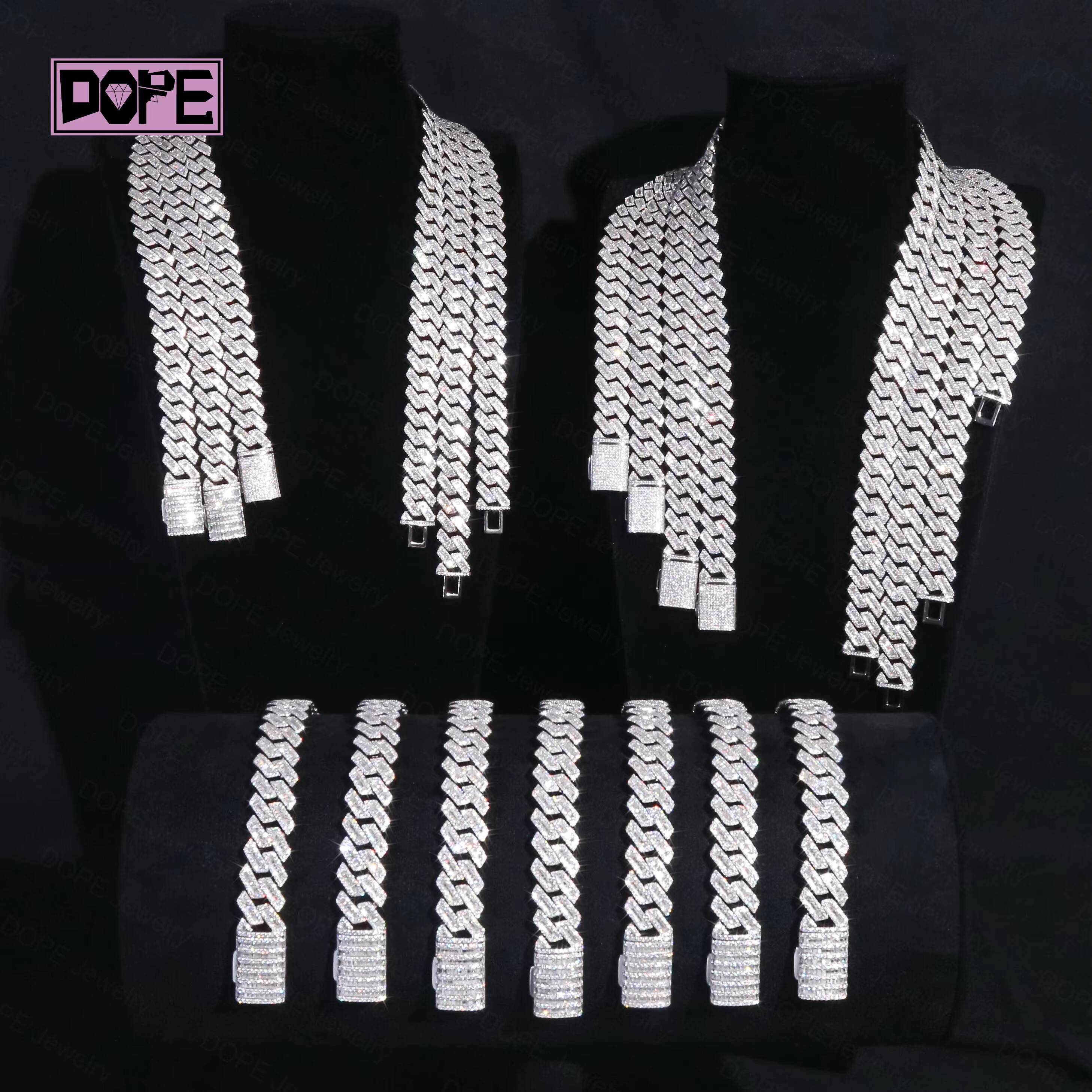 Pass Diamond Tester 15mm Moissanite Chain 925 Silver Inner Baguette Cut Mens Iced Out VVS Moissanite Cuban Chain