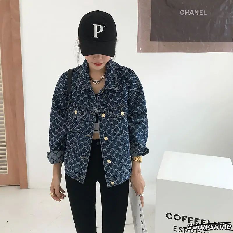 Women Vintage Loose Long Sleeve Print Cotton Jean Jackets Spring Fall Female Casual Blue Denim Jacket Coats Streetwear Outwear 240824