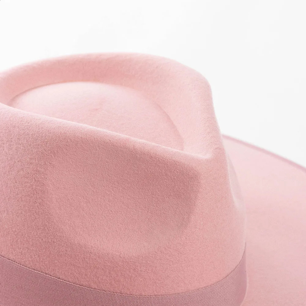11cm Big Brim Crown Top 100 Wool Fedora Hat Bow Decor Ribbon Women Men Jazz Felt Cap Concave Shape Party Wedding Shopping Hat 250920