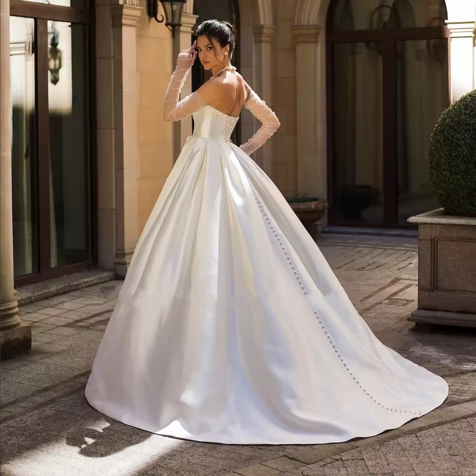 Robe Mariage Off the Shoulder Satin Wedding Dresses with Detachable sleeves Pearls Bodice Luxury Vestidos De Novia Bridal Gowns
