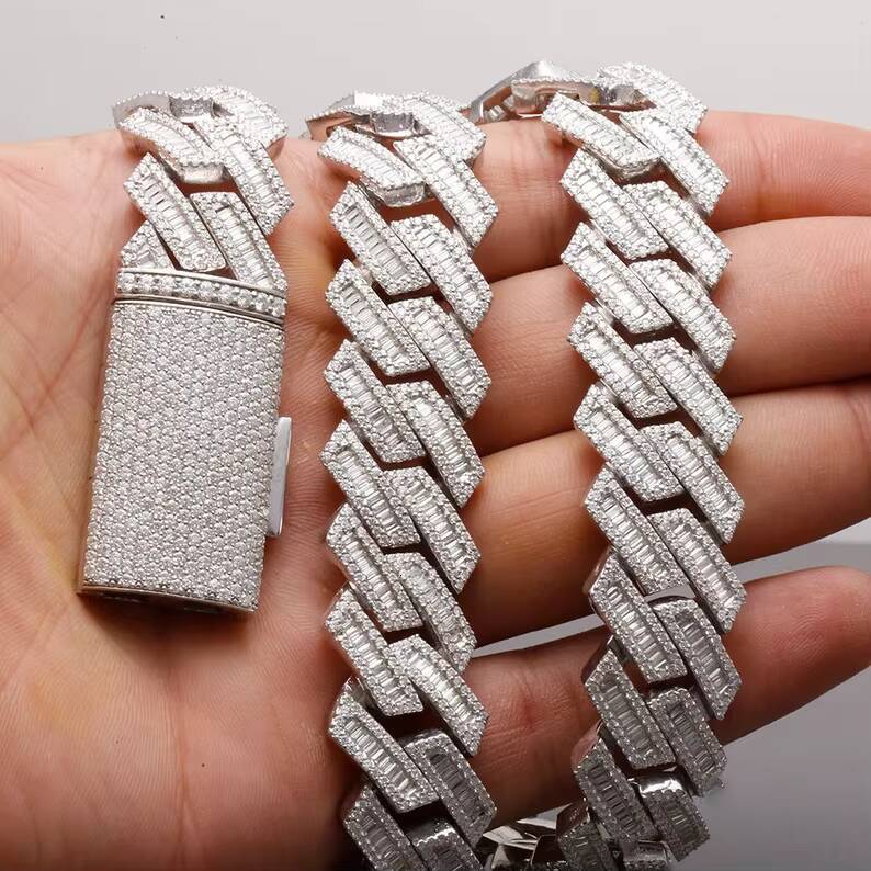 18mm Miami Cuban Link Chain Hiphop 925 Silver Gold Plated Baguette Vvs Iced Out Moissanite Cuban Chain