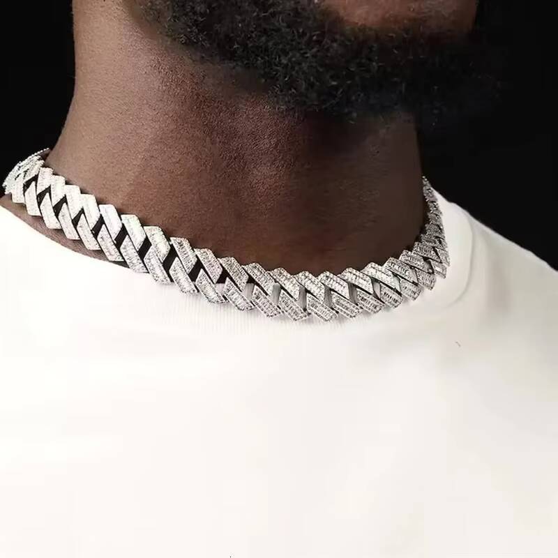 Hiphop 18mm Cuban Link Chain 925 Sterling Silver Baguette VVS Iced Out Moissanite Cuban Chain