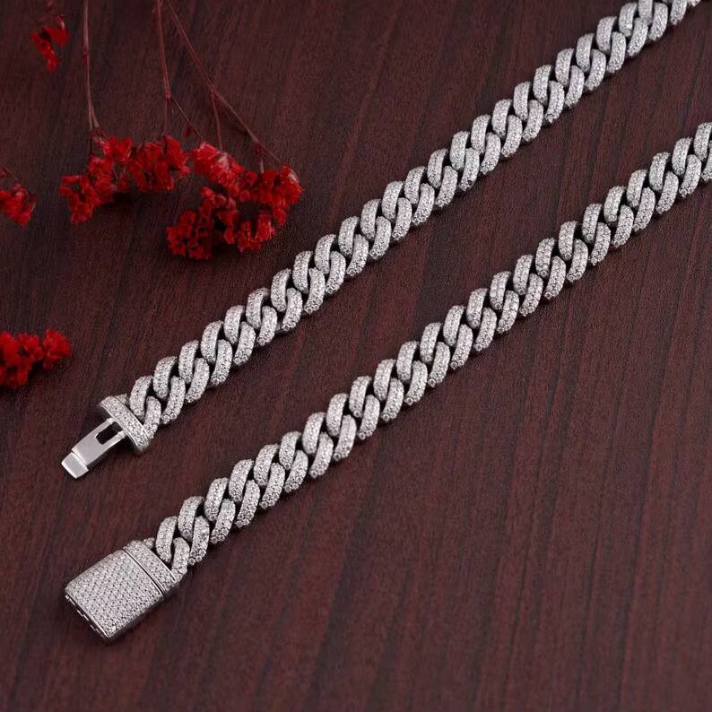 VVS Iced Out Hiphop 12mm Cuban Link Chain Men Necklaces 925 Silver Miami Bling Moissanite Cuban Chain