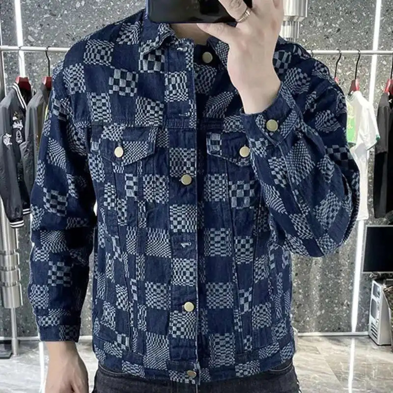 Blue Checkerboard Jacket For Men Fall Retro Trend Lapel Denim Jacket Ripped Button Jean Jacket Outfit Coat Men Streetwear Jacket 250920