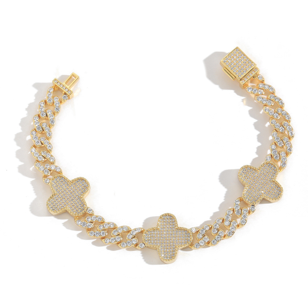 Four-leaf Clover Bracelet Cuban Zircon Inlaid Versatile Collarbone Chain Accessory Hip Hop Jewelry