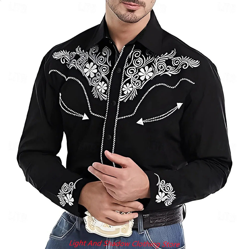 Mens Flower Pattern Western Printed Shirt Cowboy Shirt Long Sleeve Casual Collar Button Mens Clothing XS6XL 250920