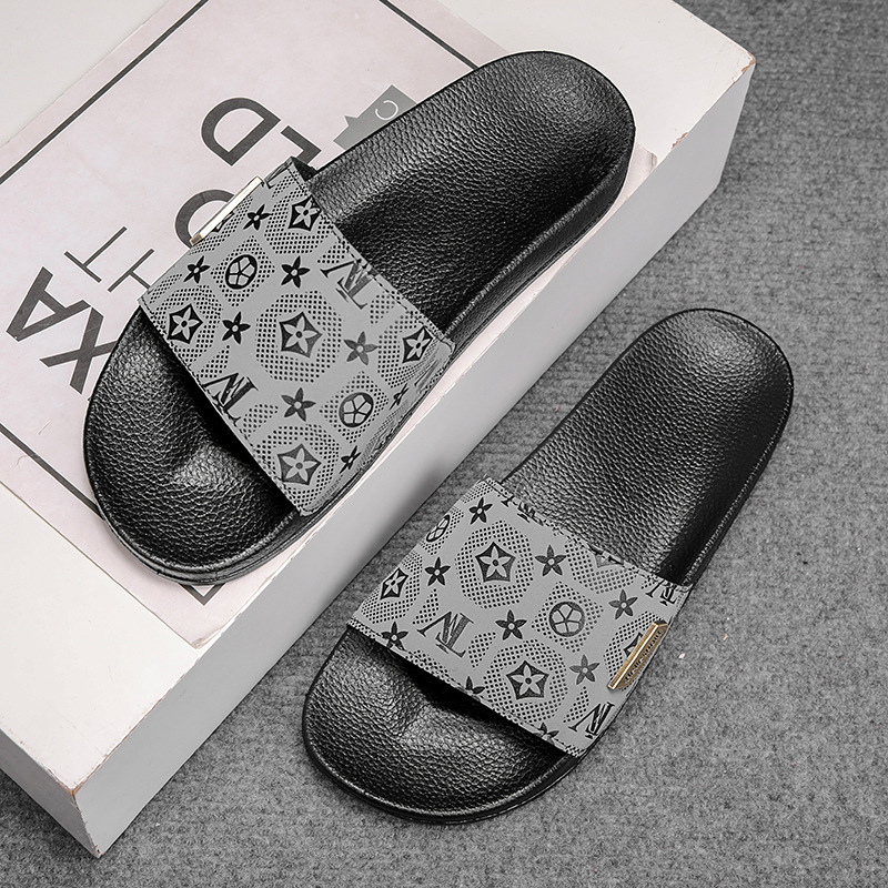 Free shipping fashionable men outdoor beach slippers new arrival premium print unisex casual plus size 38-45 anti slipper grey black hot sale