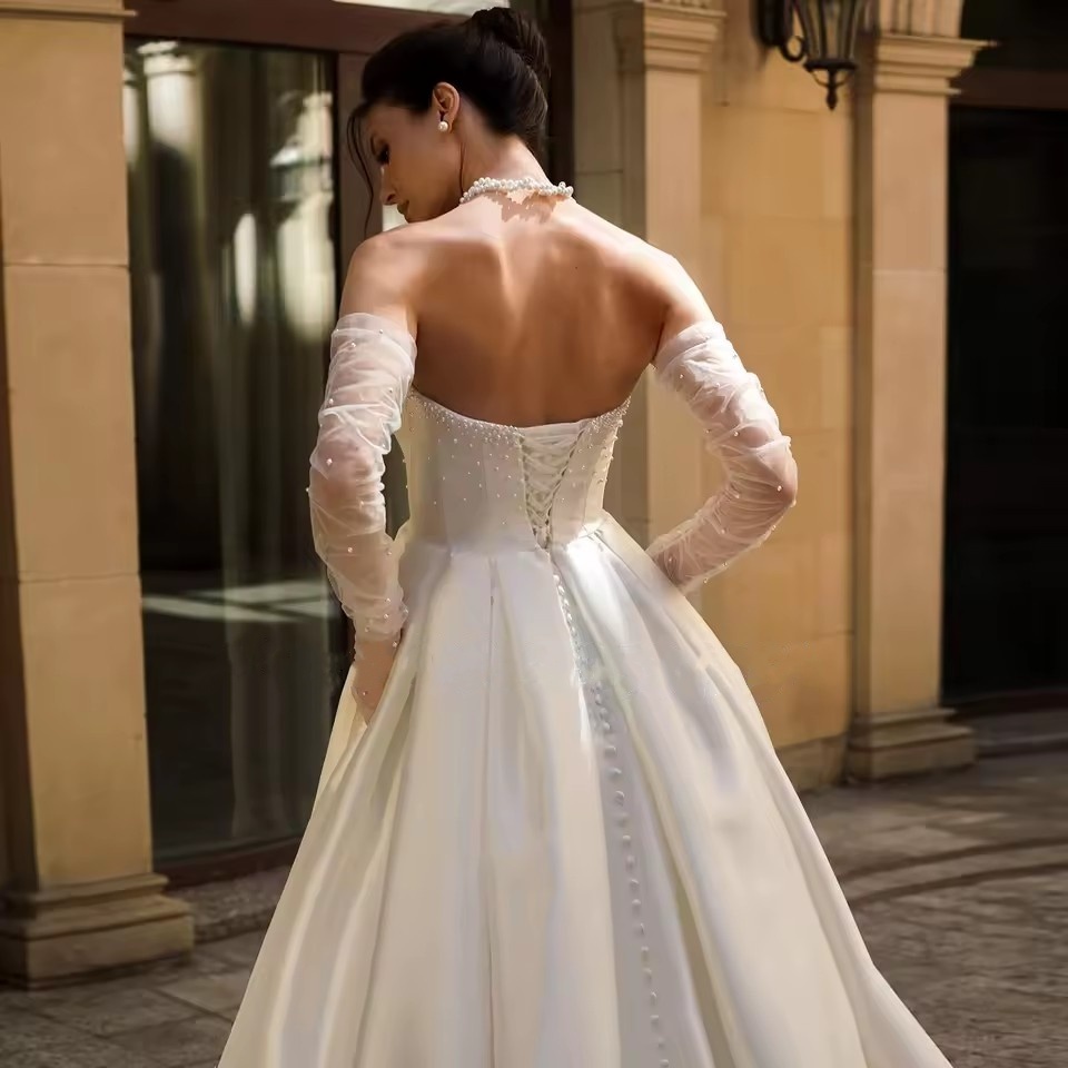 Robe Mariage Off the Shoulder Satin Wedding Dresses with Detachable sleeves Pearls Bodice Luxury Vestidos De Novia Bridal Gowns