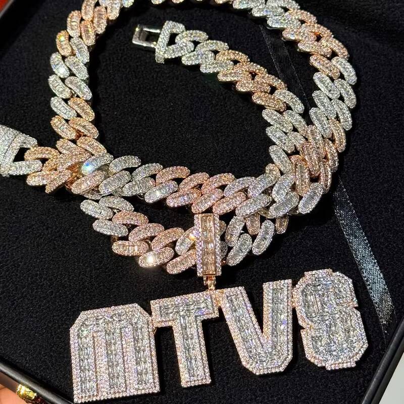 FaMoissaniteory New Arrival Vvs Moissanite Initial Pendant Ice Packed French Baguette Cut Diamond Letter Number Pendant