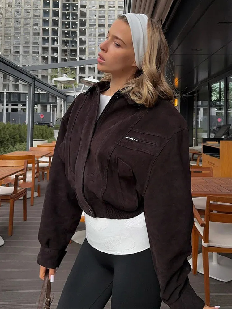 Women Camel Cropped Suede Jacket Elegant Lapel Full Sleeve Pocket Zipper Short Coat Causal Autumn Lady Daily Streetwear 250920