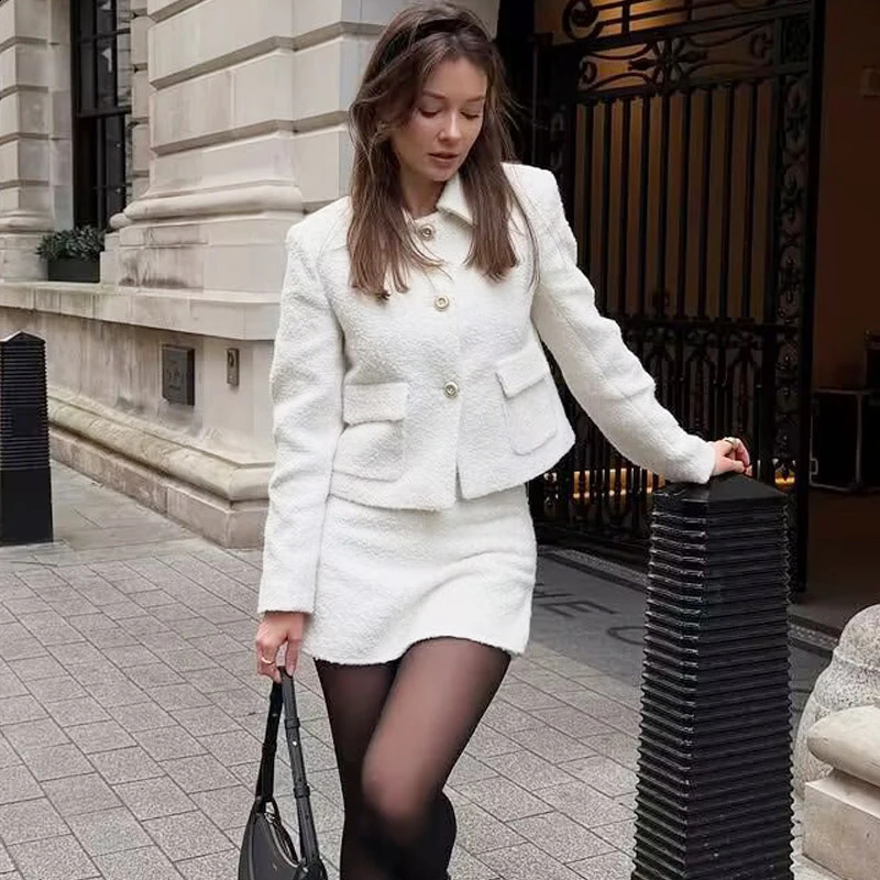 TRAF Womens Two Pieces Set Tweed White Textured Skirt Suit Crop Long Sleeve Jacket Outfit Mini High Waist 250919