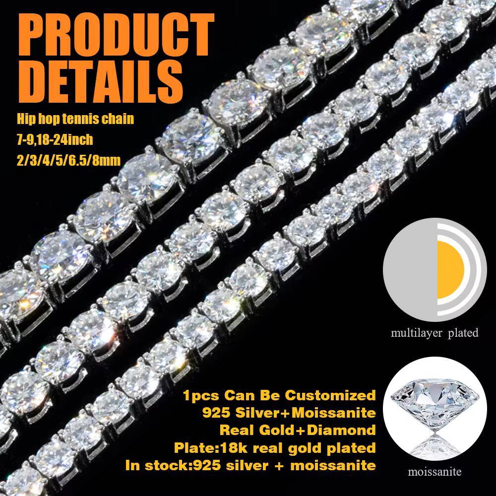 Fine Jewelry 925 Sterling Silver Vvs Moissanite Tennis Necklace Diamond Mossanite Tennis Chain