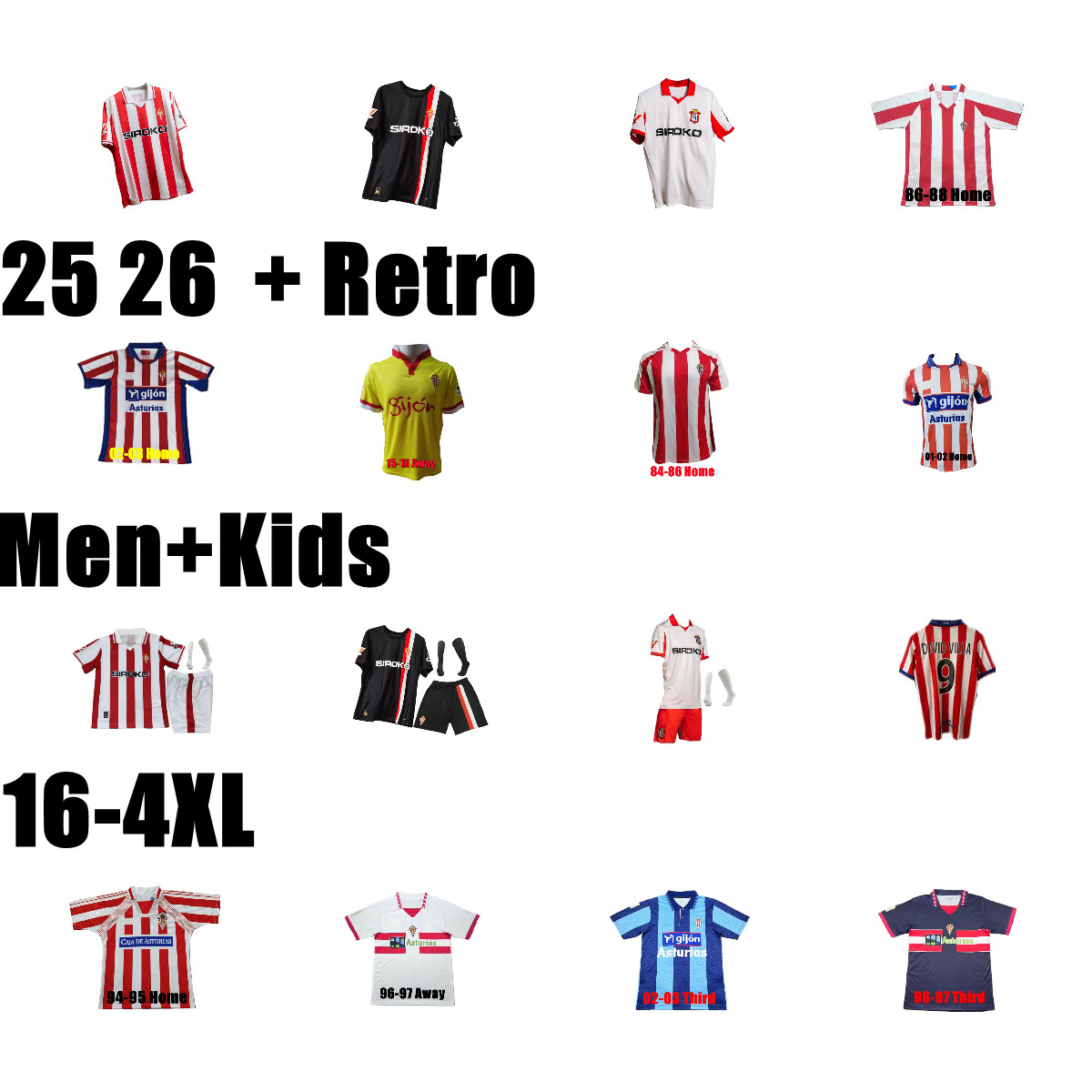 25 26 Sporting de Gijon Soccer Jersey P.GARCIA RIVERA KRAVETS SADIQ JUAN VILLAR DYEGO SOUSA J.BERROCAL 84 86 00 01 02 03 15 Men Kids RIVERA DJUKA GASPAR SAMU Football shirt