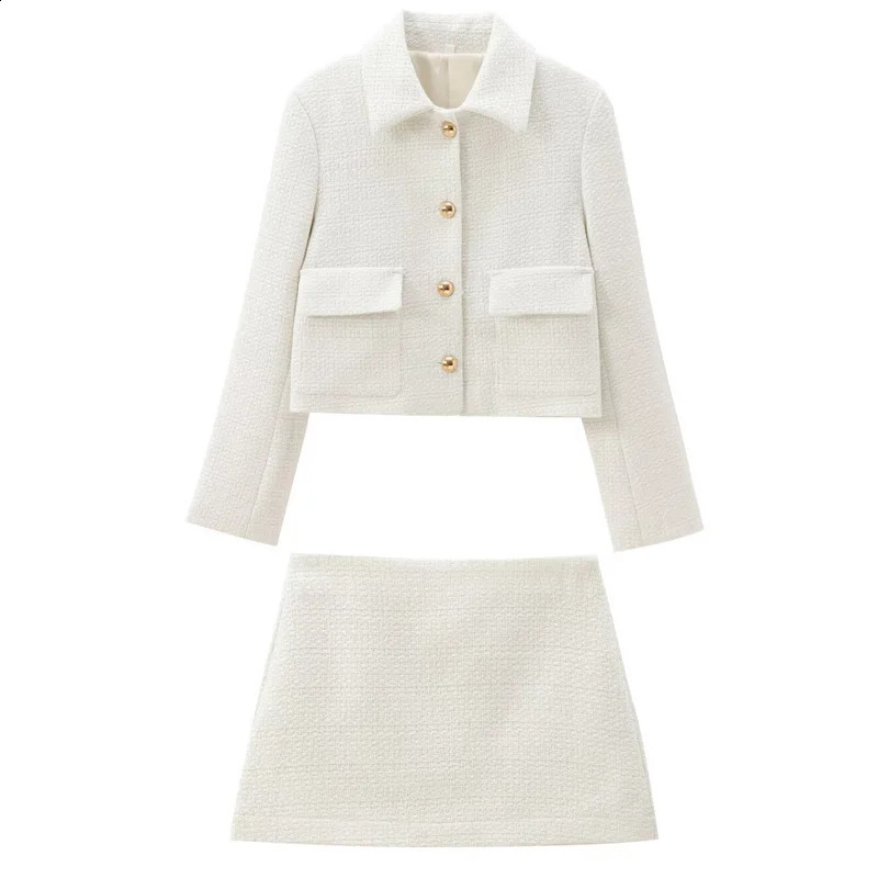 TRAF Womens Two Pieces Set Tweed White Textured Skirt Suit Crop Long Sleeve Jacket Outfit Mini High Waist 250919