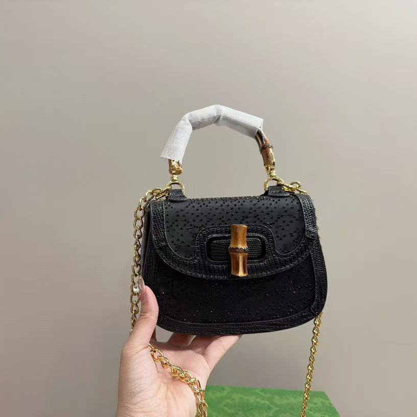 Bamboo Handle Bags 1947 Crystals Mini Bag Designer Women Shoulder Leather Bag Chain Bag Luxury Fashion Diamond Handbag Tote Bag High Quality Purse