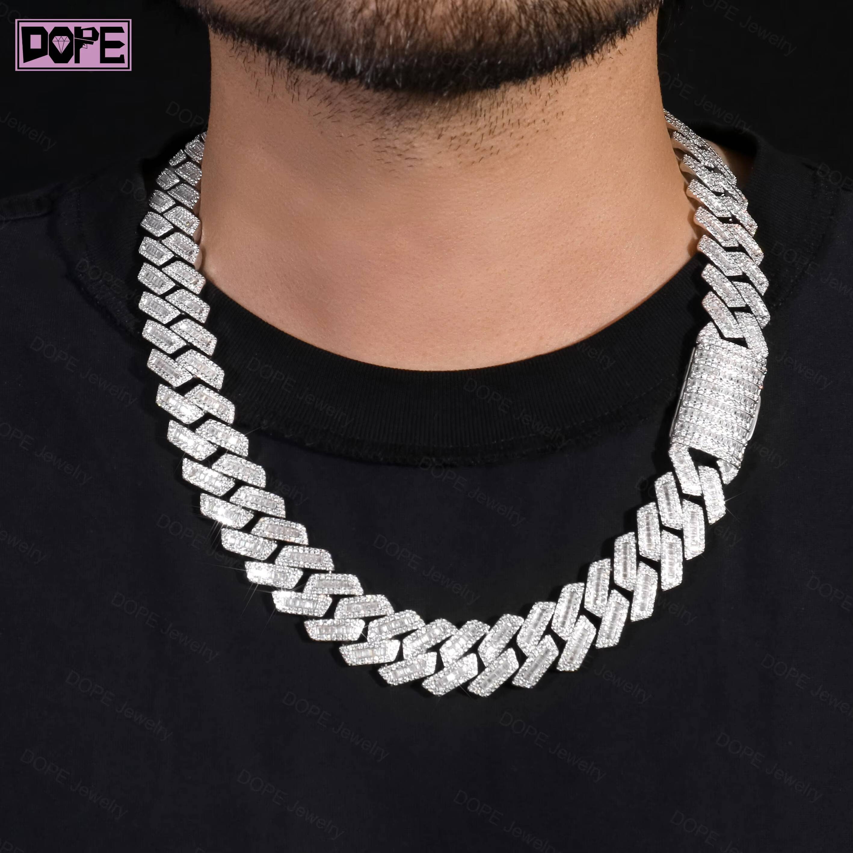 Pass Diamond Tester 15mm Moissanite Chain 925 Silver Inner Baguette Cut Mens Iced Out VVS Moissanite Cuban Chain