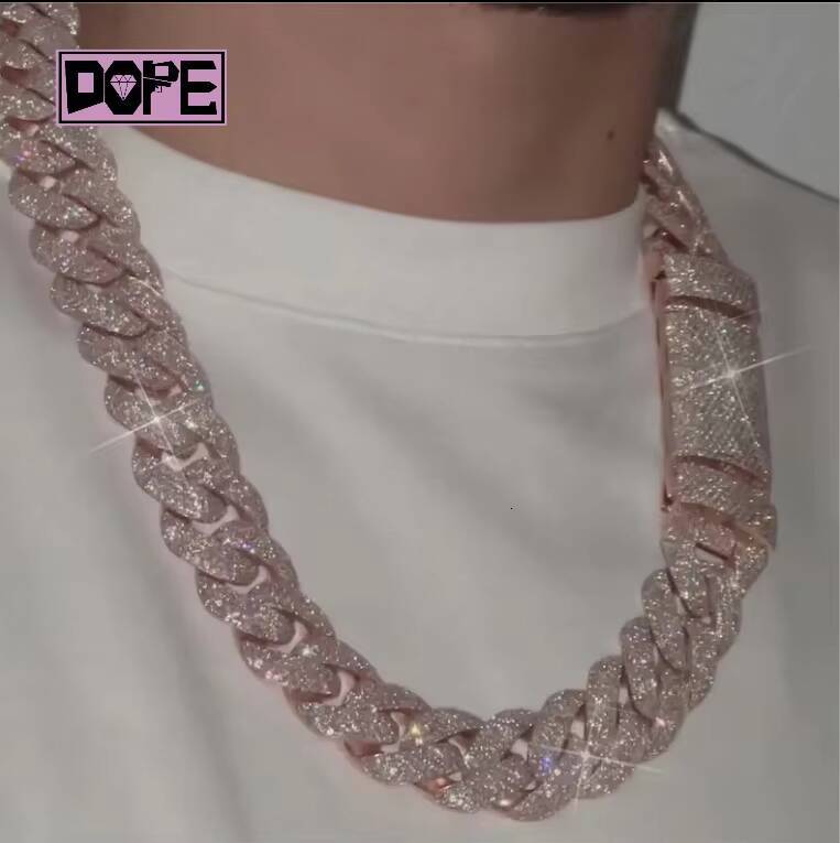 Thick 20mm Cuban Link Chain VVS Diamond 925 Silver Pink Rose Gold Plated Iced Out Miami Moissanite Cuban Chain