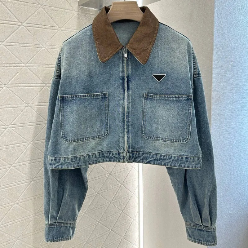 Vintage Style Women's Short Denim Jacket Designer Clashing Leather Collar Double Pocket Washed Denim Jacket Designer Fashion Women's Short Denim Jacket