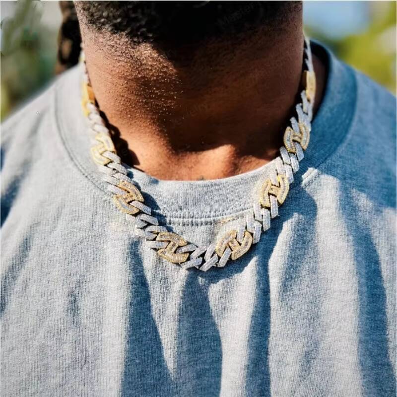 15MM Cuban Link Chain 925 Silver Two Tone Men Necklace Iced Out VVS Diamond Moissanite Cuban Chain