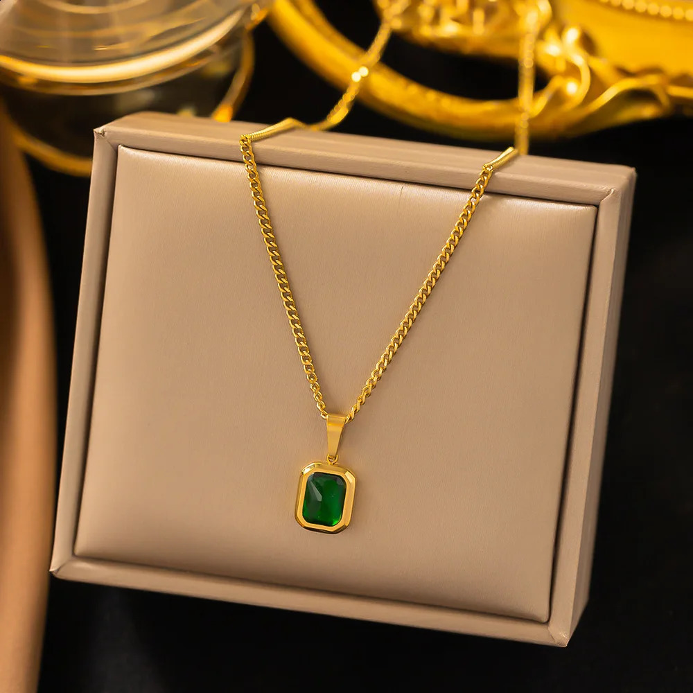 OIMG 316L Stainless Steel Gold Plated Emerald Zirconia Geometric Square Pendant Necklace For Women Girls Temperament Jewelry 250920