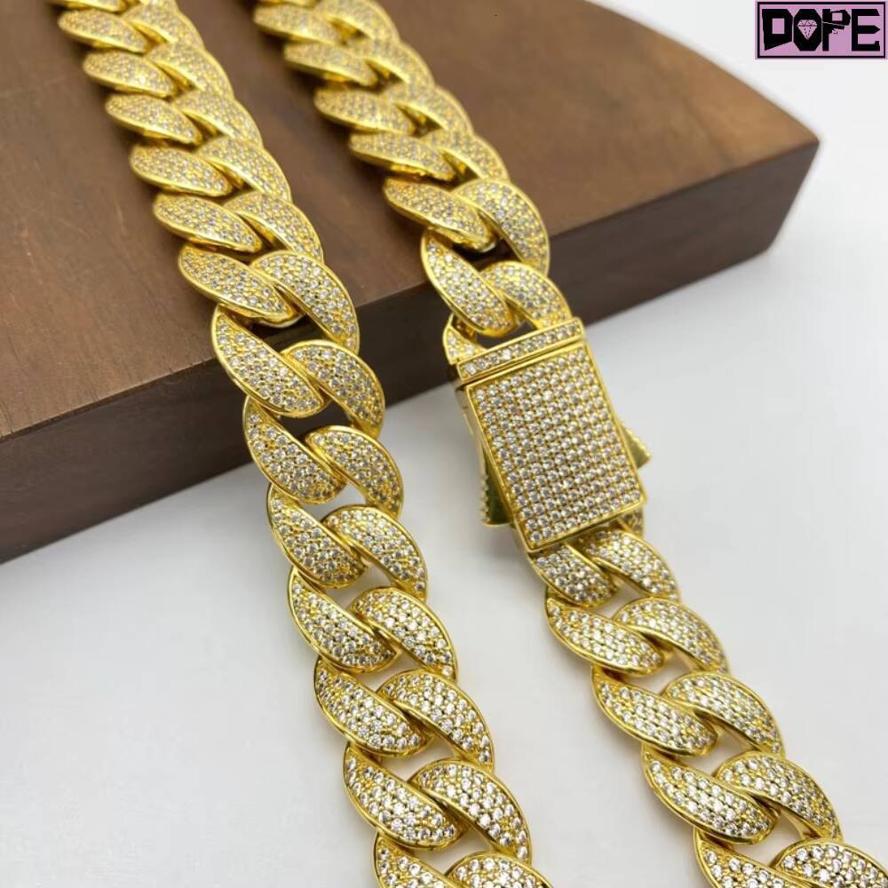Hip Hop 12mm Cuban Link Chain Iced Out 925 Sterling Silver Gold Plated Miami D VVS Moissanite Cuban Chian