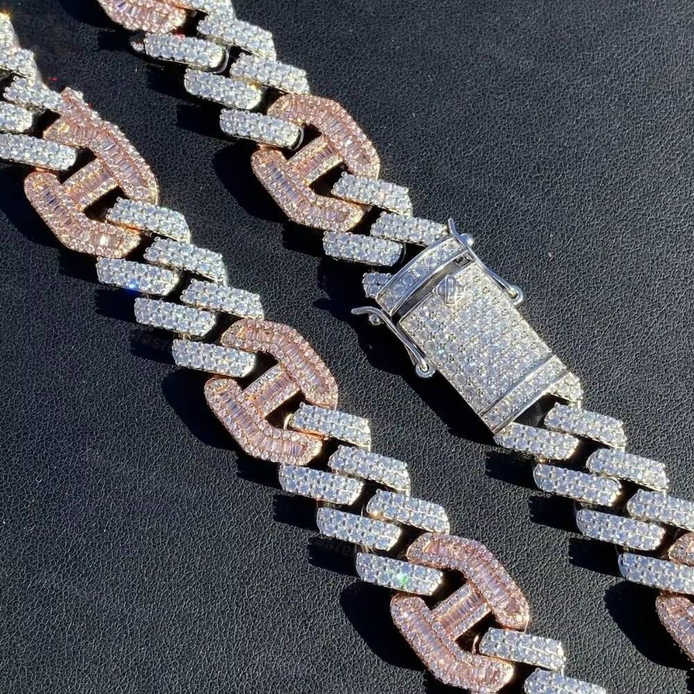 15mm Cuban Link Chain 925 Sterling Silver Iced Out Baguette Rose Gold Hiphop VVS Moissanite Cuban Chain