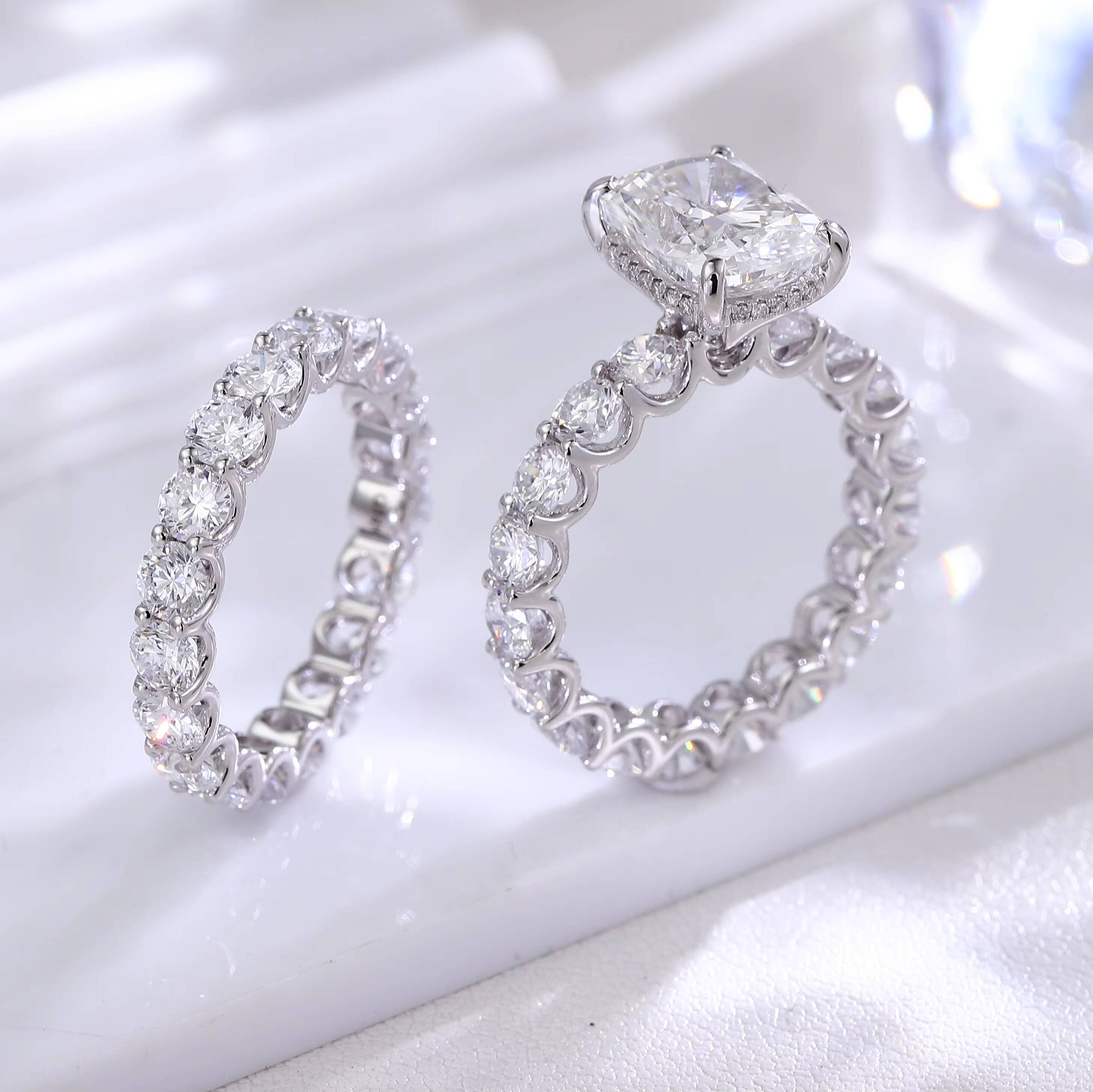 Luxury Jewelry Lab Diamond Engagement Wedding Ring Cushion Cut VVS Diamond 14k White Gold Ring Set for Women