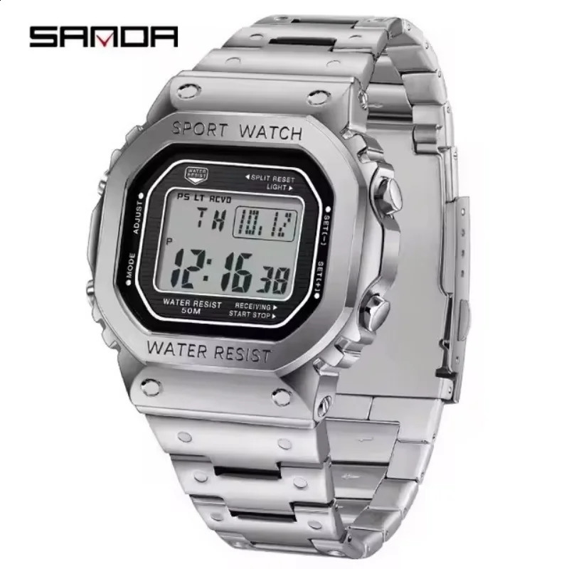 SANDA 2162 Exquisite Electronic Watch Fashion Waterproof LED Stainless Steel Strap Sports Mens Watch relgios masculino 250911