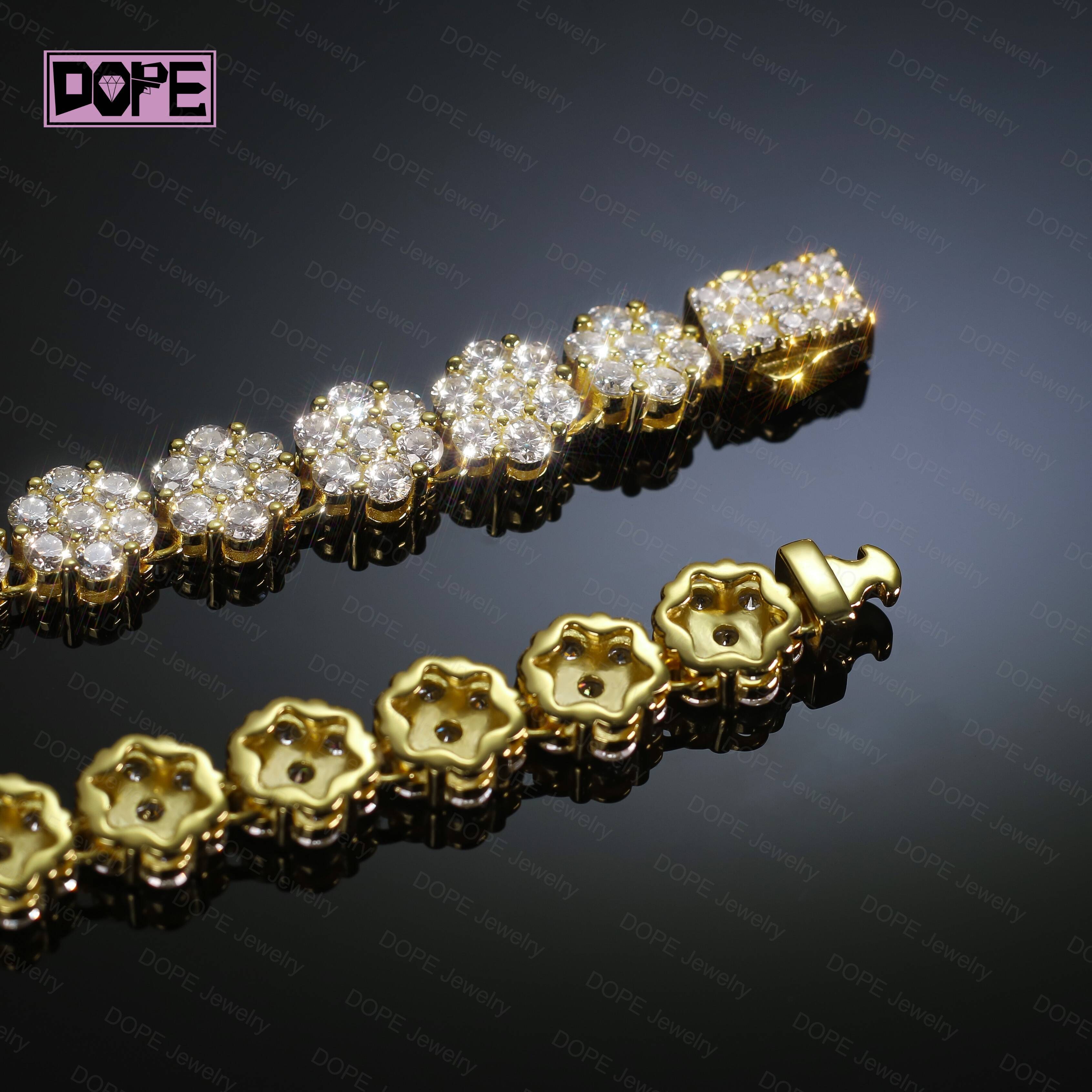 Hiphop 9mm Moissanite Chain Cluster 925 Silver Flower Honeycomb Iced Out VVS Moissanite Tennis Chain